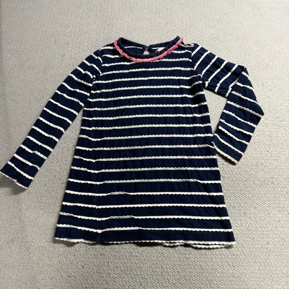 Hatley Navy Striped Ruffle Girls Dress with Pink Accents 100% Cotton Size 5 EUC